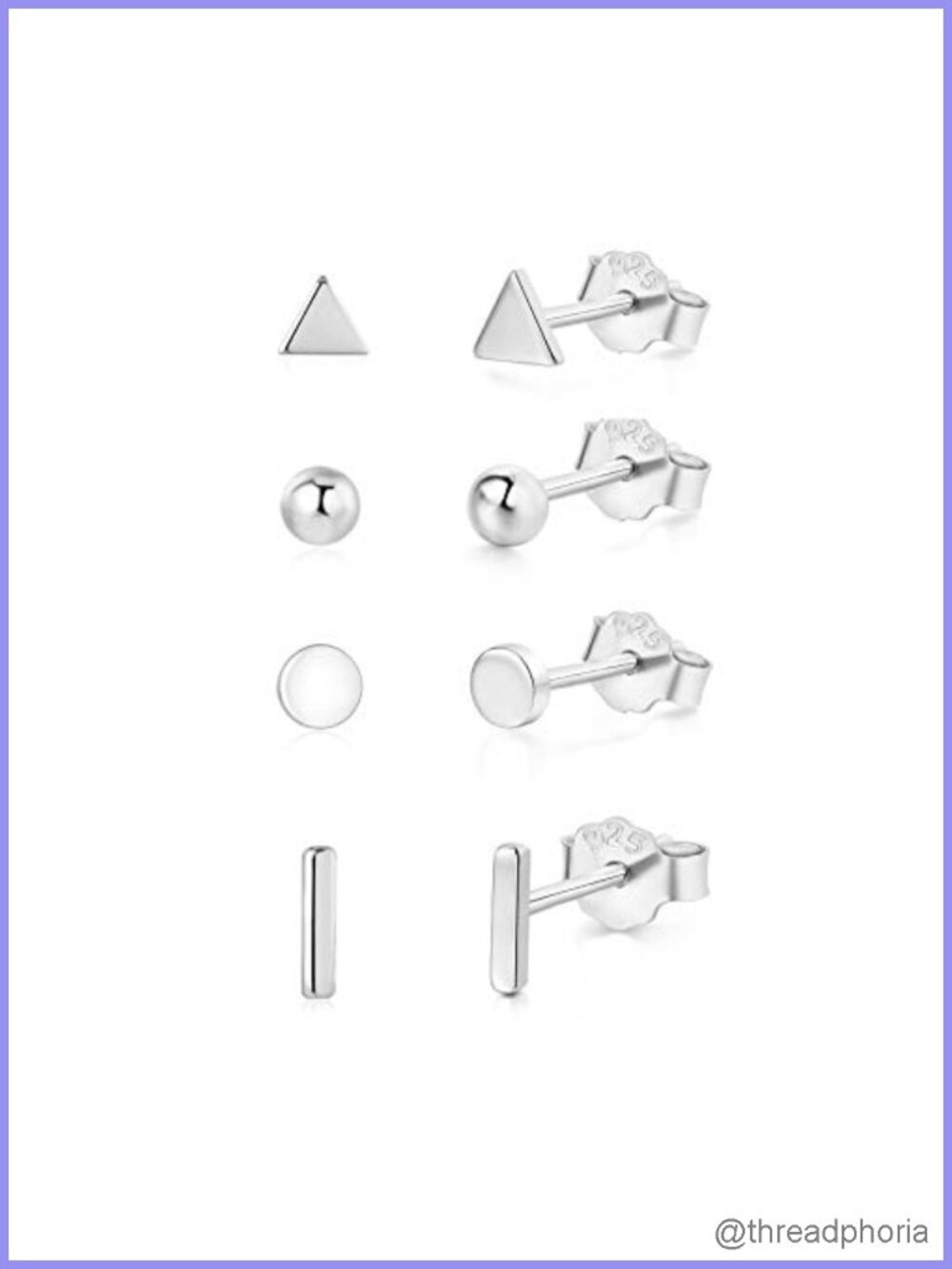 925 Sterling Silver Geometric Stud Earrings Set 4 Pairs Platinum Plated